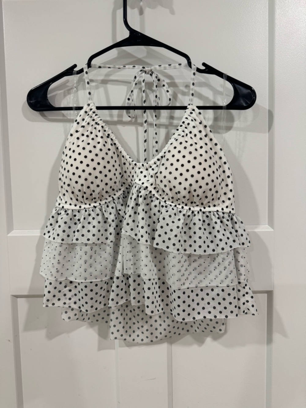White Polka Dot Ruffled Halter Tank Top